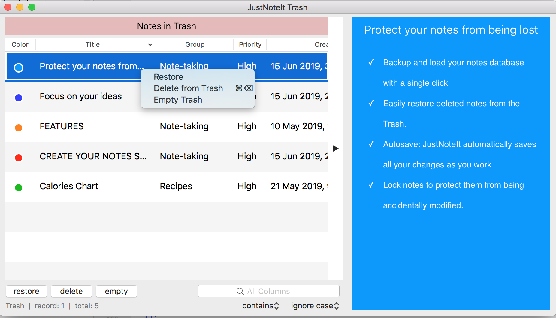Restore deleted notes from the Trash