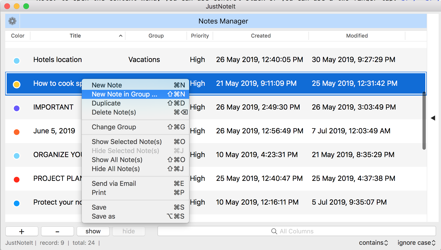 Create a note in the ceratin group